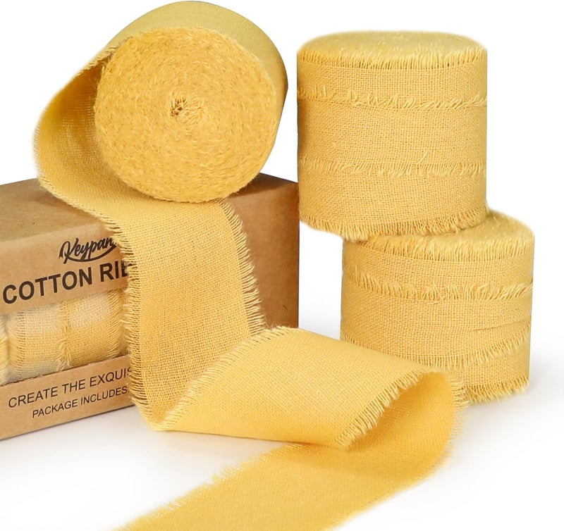 Keypan Yellow Ribbon 1-1/2 x 15 Yards Handmade Cotton Frayed Fringe Fabric Ribbons for Crafts Flower Bouquets Wedding Baby Shower Home DIY Decor - Image 1